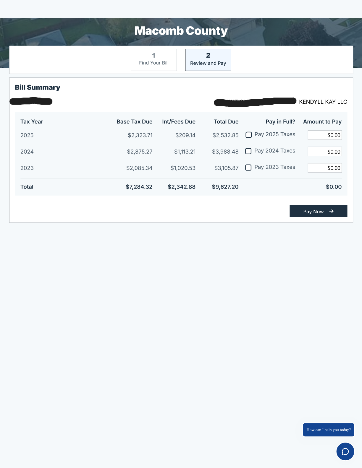 Macomb County property tax payment record associated with Kendyll Kay LLC showing an outstanding balance, document 22